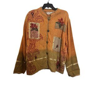 Vintage Flashback Cardigan Sweater Women’s L Floral Patchwork Button-Down Orange